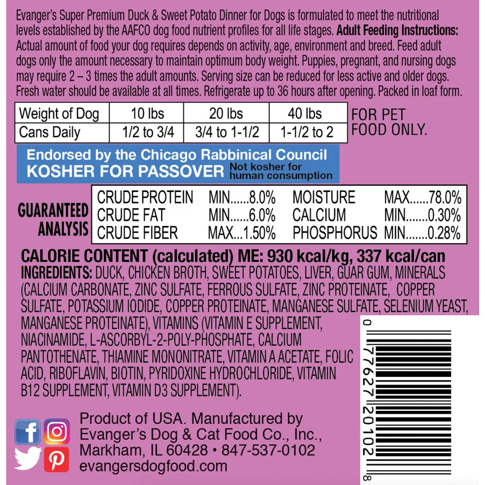 Evangers Super Premium Duck and Sweet Potato Canned Dog Food