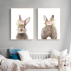 Peonies Rabbit Nursery Poster