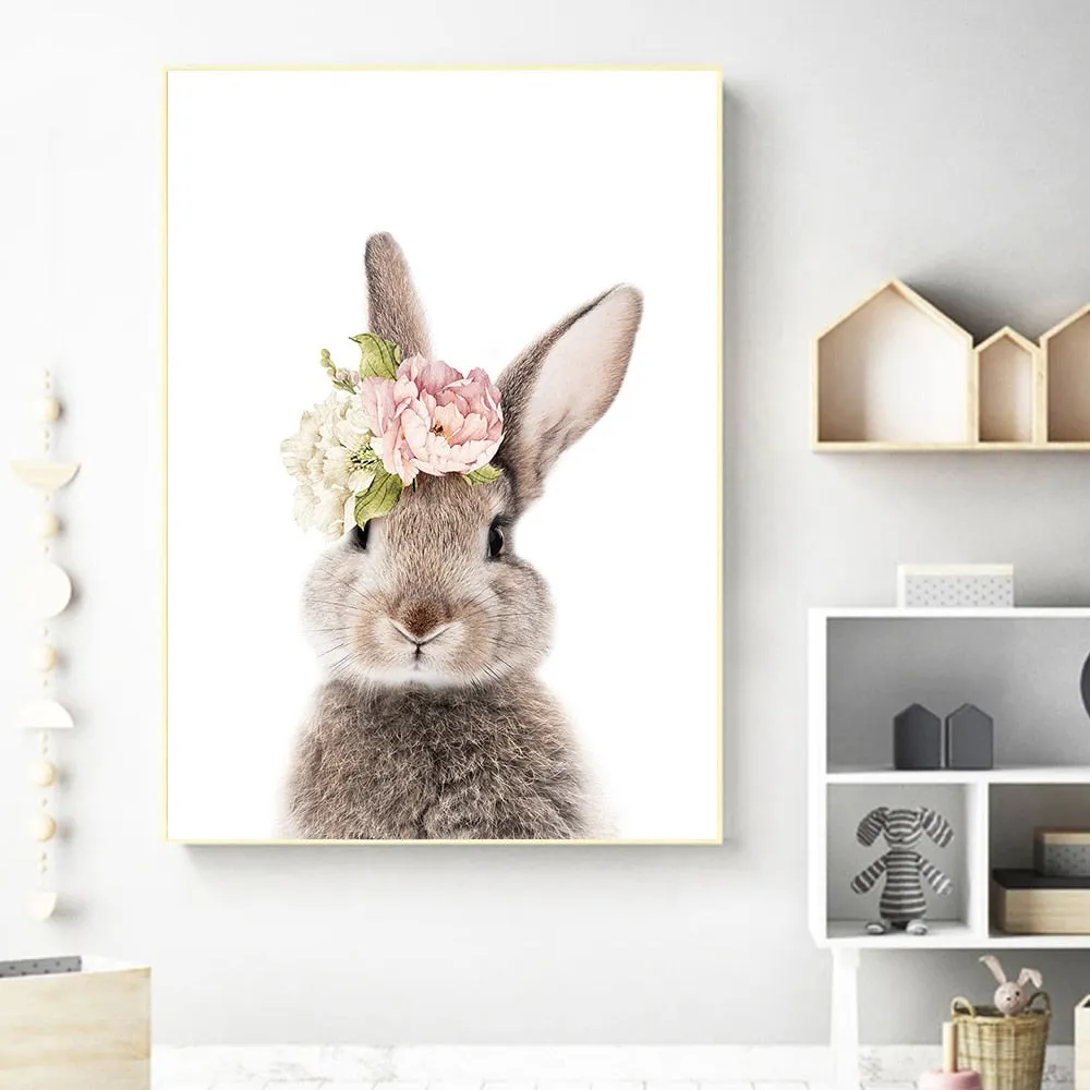 Peonies Rabbit Nursery Poster