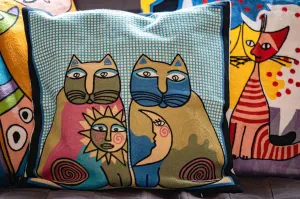 Pillow cover embroidery - cotton - sun and moon cats